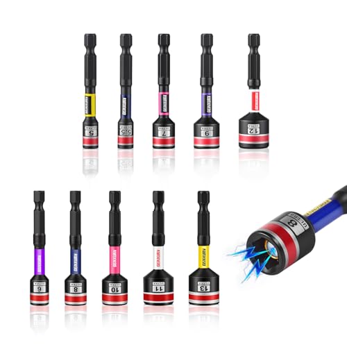 Geinxurn Impact Nut Driver Set, 10 Pieces 2.56 Inch Long Magnetic Metric Nut Setter Set 6 Point Alloy Steel Use 1/4” Hex Shank Impact Driver Stored in Portable Storage Cases for Repair - size: 2.56", style: 2.56"-M