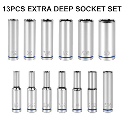 1/4" Drive SAE Master Socket Set, 13-Piece Deep Hex Socket Set (1/8" - 5/8"), Cover Most Commonly Sizes, 6 Point, Chrome Vanadium Steel with Molded Case - size: Deep, style: 13pcs-SAE