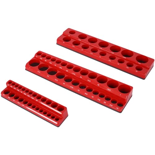Magnetic Socket Organizer Set, 3-Piece Socket Holder Set Includes 1/4", 3/8", 1/2" Drive Metric SAE Socket Trays, Holds 75 Pieces Standard Size and Deep Size Sockets(Socket not Included) - Red