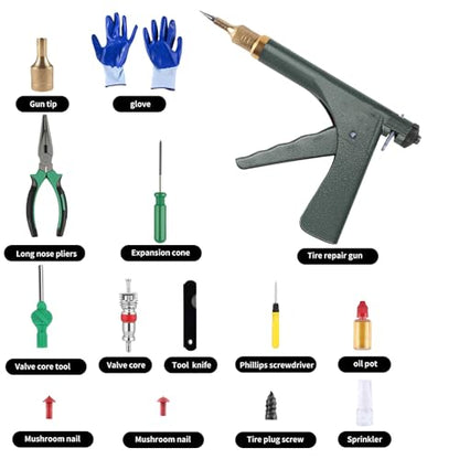Tire Repair Kits Tubeless Tire Puncture Repair Kit with Mushroom Plug, Repairs punctures and Flat Tires for Motorcycles, Cars, Trucks, ATVs,Gun Puncture Repair Kit(Air pump not included Green) - color: Green+42
