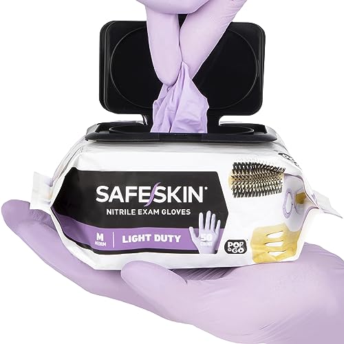 SAFESKIN Disposable Nitrile Gloves in POP-N-GO Pack of 50 or 200 Powder Free - Hair, Cleaning, Medical Use, Food Handling - size: Medium (Pack of 50)