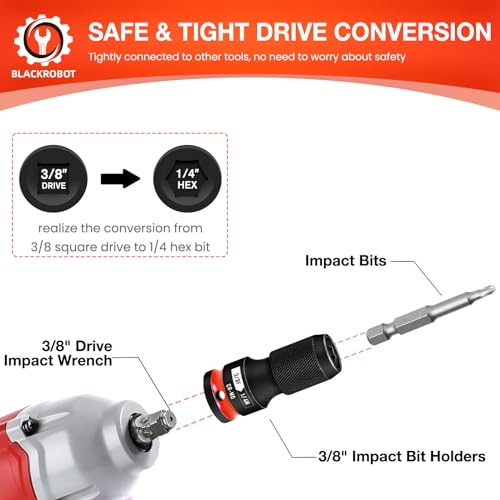 BLACKROBOT Quick Release Impact Bit Holders 3/8-Inch Square Drive to 1/4-Inch Hex Socket Adapter, CR-MO Steel, Red - size: 3/8 Impact Bit Holder-1