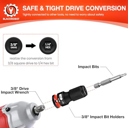 BLACKROBOT Quick Release Impact Bit Holders 3/8-Inch Square Drive to 1/4-Inch Hex Socket Adapter, CR-MO Steel, Red - size: 3/8 Impact Bit Holder-1