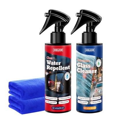 SHIELDOM Car Glass Cleaner Water Repellent Kit, Cleans & Adds Hydrophobic Protection, Streak-Free Cleaner Rain Repellent Spray Safe on Car Windshield, Tinted Windows, Mirrors, Trucks, SUVs & Home