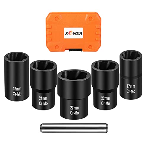 XEWEA Twist Socket Set with Center Punch Bar, 6PCS 1/2" Drive Metric Lug Nut Remover Tools for Broken, Stripped, Rounded Bolts & Nuts Screws -17mm 19mm 21mm 22mm 27mm - color: 6pcs 1/2" Drive