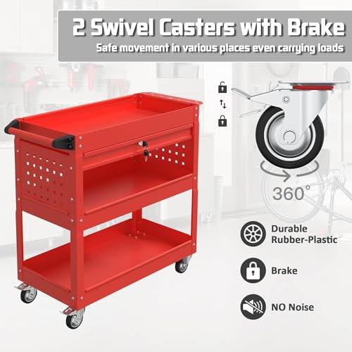 3 Tray Rolling Tool Cart with Drawers, 400 LBS Capacity Mechanic Tool Cart on Wheels, Heavy Duty Utility Cart with Pegboard for Garage, Warehouse and Repair Shop, Red - color: Red