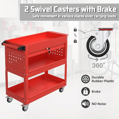 3 Tray Rolling Tool Cart with Drawers, 400 LBS Capacity Mechanic Tool Cart on Wheels, Heavy Duty Utility Cart with Pegboard for Garage, Warehouse and Repair Shop, Red - color: Red