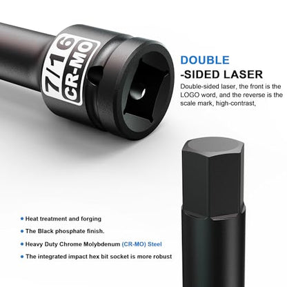 1/2" Drive H7/16-Inch Impact Hex Bit Socket, SAE Allen Bit Socket, Cr-Mo Steel, Removing Loosening Hexagon Bolts - size: 1/2" H7/16 Deep