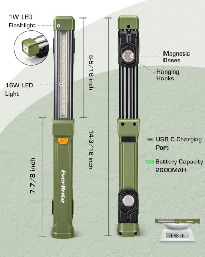 EverBrite 1000LM Magnetic Work Light, Rechargeable LED Mechanic Light with Dual Magnetic Bases & 360° Hanging Hooks, 4 Modes Under Hood Work Light for Car Repair, Garage, Emergency, 2 Pack Green - color: Green