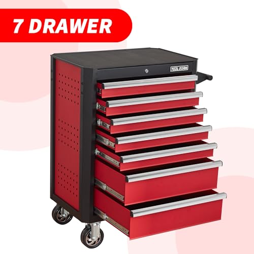 Upgrade 7-Drawer Rolling Tool Chest with Locking Wheels & Drawers, 18.5" D x 27.9" W x 39.5" H Mobile Tool Storage Cabinet, Heavy-Duty Garage Organizer w/Ergonomic Handle - color: Red and White