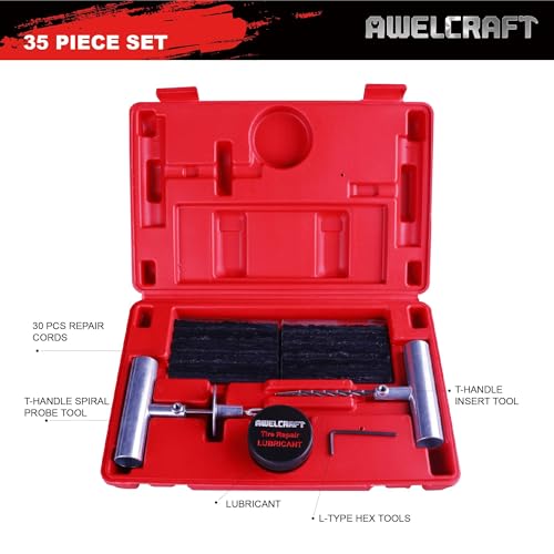 AWELCRAFT 35-Piece Heavy Duty Tire Plug Kit – Professional Flat Tire Repair for Car, Truck, Motorcycle, ATV, SUV – T-Handle Tools, Storage Case – Easy Puncture Repair, No Tire Removal Needed - size: 35 Piece Repair Kit