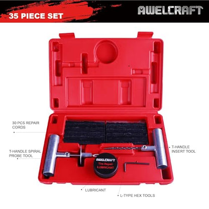 AWELCRAFT 35-Piece Heavy Duty Tire Plug Kit – Professional Flat Tire Repair for Car, Truck, Motorcycle, ATV, SUV – T-Handle Tools, Storage Case – Easy Puncture Repair, No Tire Removal Needed - size: 35 Piece Repair Kit