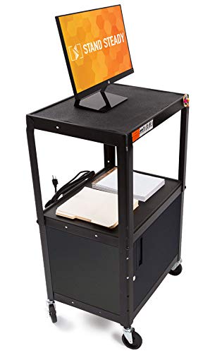 Line Leader AV Cart w/Locking Cabinet, Black Metal Utility Cart with Storage Shelf - Height Adjustable, Mobile and Great for Offices, Classrooms, Libraries (Black, 24in x 18in) - color: Cabinet, size: 24" L x 18" D x 42" H