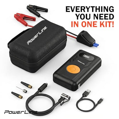 PowerLine Car Battery Jump Starter with Air Compressor - 4-in-1 Pump & Jump 1200A Car Battery Jumper with Tire Inflator, 3 USB Charging Ports & LED Light - Up to 5.2L Gas & 3.5L Diesel Trucks, 120 PSI