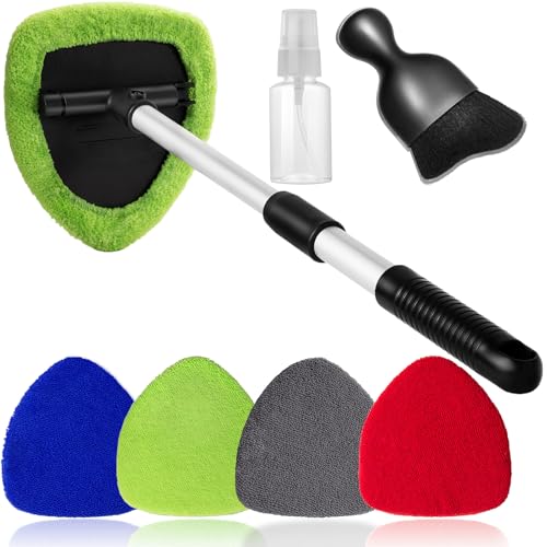 Qydipclin 7pcs Windshield Cleaner Tool Car Window Cleaning Wash Kit with 4 Reusable Microfiber Pads 1 Spray Bottle and Extendable Handle Auto Glass Wiper Kit, Multicolor - color: Blue & Green & Gray & Red