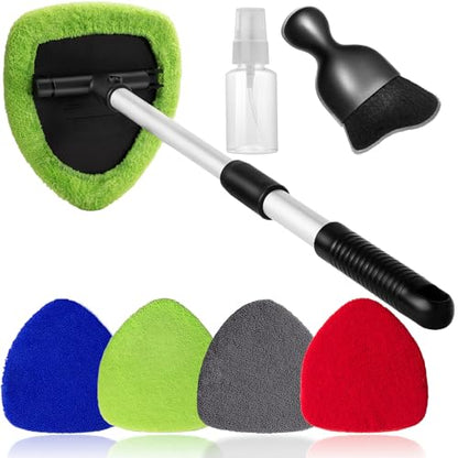 Qydipclin 7pcs Windshield Cleaner Tool Car Window Cleaning Wash Kit with 4 Reusable Microfiber Pads 1 Spray Bottle and Extendable Handle Auto Glass Wiper Kit, Multicolor - color: Blue & Green & Gray & Red