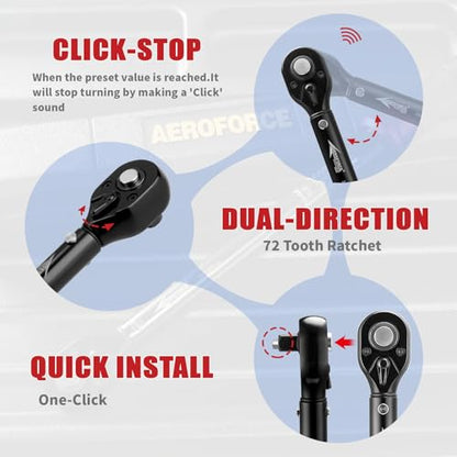 AEROFORCE 1/4 & 3/8 & 1/2-inch Drive Click Torque Wrench, 3Pcs Torque Wrench Set 4-20Ft.lb, 5-45Ft.lb, 15-165Ft.lb 72-Tooth Dual Scale for Bike, Moto, Car Repair - size: 1/4" & 3/8" & 1/2" (3-Piece), style: 4 - 20 lb-ft & 5 - 45 lb-ft & 15 - 165 lb-ft