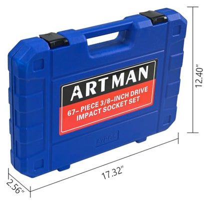 67-Piece Air Tool and Accessories Kit, Professional Pneumatic Socket Set with Long & Short Metric & SAE Sockets, Universal Joints, Extension Rods, Ratchet Wrench, Quick Connectors & Storage Case