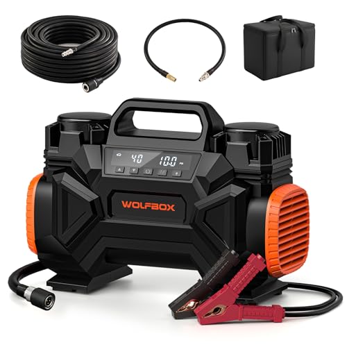 WOLFBOX HyperFlow60D 12V Portable Air Compressor, 60-Minute Runtime Offroad Air Compressor, 150 PSI Heavy Duty Tire Inflator with Auto Stop, Dual Cylinder Air Pump for Off-Road,4x4 Vehicle,Pickups,RVs