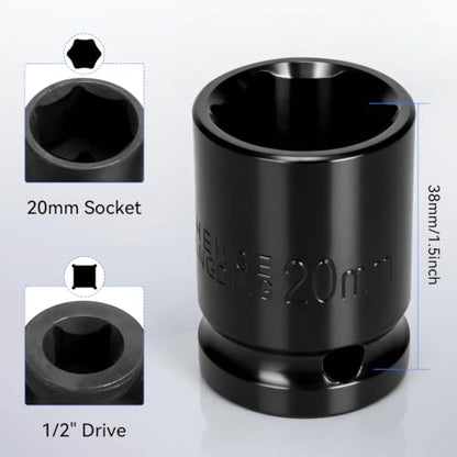 2PCS 20mm Impact Socket 1/2" Drive, 6 Point Metric Shallow Socket, CR-V Steel Heavy Duty Impact Wrench Socket for Automotive Repair - size: 20mm