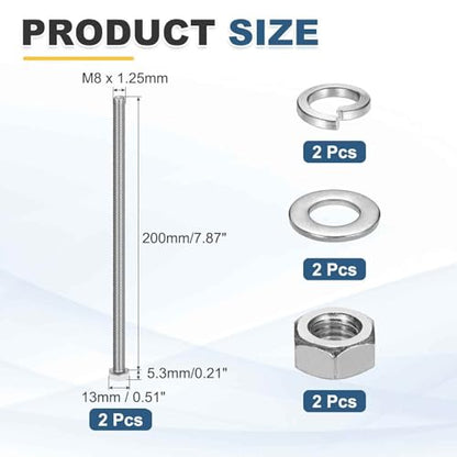 MECCANIXITY M8 x 200mm 304 Stainless Steel Hex Head Screws Bolts, Nuts, Flat & Lock Washers Assortment Kit, Fully Threaded, Bright Finish for Home, Electronic, Machine, 2 Sets - size: M8 x 200mm