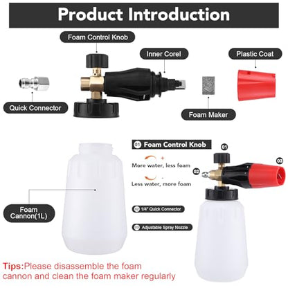 Foam Cannon for Pressure Washer, Dual Connector, 5000PSI Pressure Washer Gun, 2-in-1 Foam and Rinse Tool with 6 Nozzles, 1/4" Quick Connector for Car Truck SUV Washing - size: Dual Connector Kit