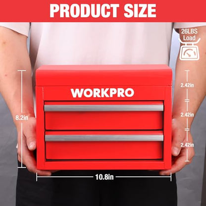 WORKPRO Metal Mini Tool Box with 2 Drawers and Top Storage | Cold Rolled Steel Toolbox, Ball Bearing Slides, PVC Drawer Liners, PP Feet Pads, Durable Storage - color: Red