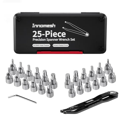 25 Piece Pin Spanner Wrench Set,42CRMO Heat-Treated,Nickel-Plated Finish,Adjustable Spanner Wrench for Bearings,Pulleys & Lock Nuts,Metric & Imperial Precision Pin Wrench,160mm Arms,180° Rotation