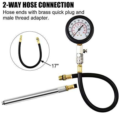 JIFETOR Engine Compression Tester 8PC Kit Cylinder Test Pressure Gauge Tool | 10 12 14 18mm Extension Rods & Tapered Adapters Testing Small Gasoline Engine Automotive Motorcycle Outboard Motor Snowmobile