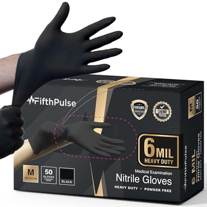 FifthPulse 6 Mil Black Nitrile Gloves, Heavy Duty Mechanic and Food Grade Glove - Powder-Free, Latex-Free Medical Exam Gloves - style: Medium