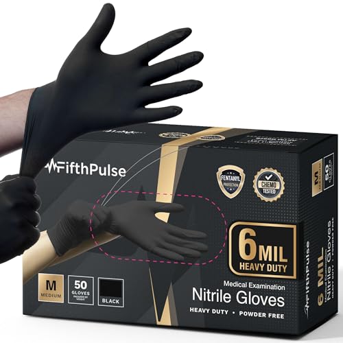 FifthPulse 6 Mil Black Nitrile Gloves, Heavy Duty Mechanic and Food Grade Glove - Powder-Free, Latex-Free Medical Exam Gloves - style: Medium