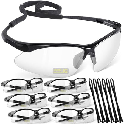 OXG 6 Pack Anti-Fog Safety Glasses, ANSI Z87+ Impact & Scratch Resistant Protective Eyewear for Work, Lab, Construction - color: Clear With Straps