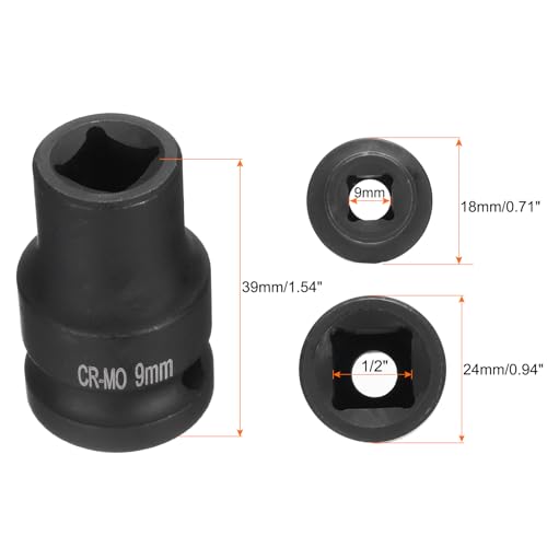 HARFINGTON 4 Point Square Socket 1/2" Drive 9mm Metric Square Impact Socket CR-MO Blackening Standard Wheel Sockets Pneumatic Socket Tool for Auto Repair Mechanical Maintenance Home Use - size: 9mm