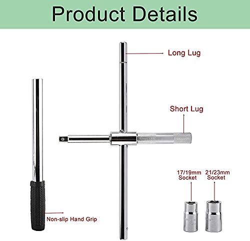 Toolly 23" Universal Extended Lug Wrench, 4 Way Tire Iron Nut Wrench Set with Storage Bag and Standard Sockets (17mm/19mm,21mm/23mm)