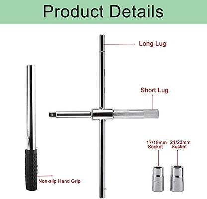 Toolly 23" Universal Extended Lug Wrench, 4 Way Tire Iron Nut Wrench Set with Storage Bag and Standard Sockets (17mm/19mm,21mm/23mm)