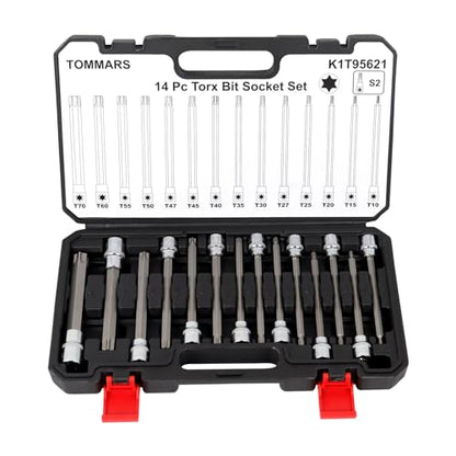 TOMMARS 14-PC Long Torx Bit Socket Set | T10, T15, T20, T25, T27, T30, T35, T40, T45, T47, T50, T55, T60, T70, 3/8", 1/2" Drive, S2 Alloy Steel - style: Long Torx Bit Socket Set