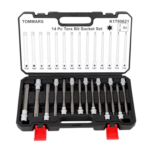 TOMMARS 14-PC Long Torx Bit Socket Set | T10, T15, T20, T25, T27, T30, T35, T40, T45, T47, T50, T55, T60, T70, 3/8", 1/2" Drive, S2 Alloy Steel - style: Long Torx Bit Socket Set