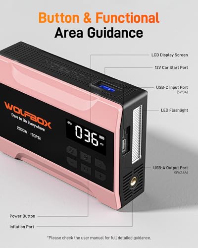WOLFBOX 2000A Jump Starter with Air Compressor, 37Wh Car Battery Booster Jumper Starter Portable(up to 5L Gas Engine), 12V Jump Box Pack with 150PSI Tire Inflator, Jumper Cables, LED Light — Rose Gold - color: Rose Gold