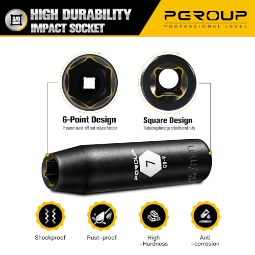 3/8” Drive Deep Impact Socket, Metric(7mm socket), 6-Point, Cr-V Steel With Black Manganese Phosphate Coating - size: 7 mm