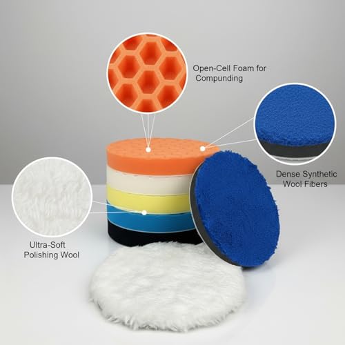 7-Pack 5-Inch Car Polishing Pads - Synthetic Wool & Foam Buffer Set for Dual Action Polishers