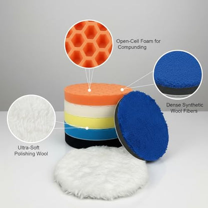 7-Pack 5-Inch Car Polishing Pads - Synthetic Wool & Foam Buffer Set for Dual Action Polishers