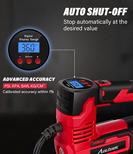 AVID POWER Tire Inflator Portable Air Compressor, 20V Cordless Car Pump w/Rechargeable Li-ion Battery, 12V Car Power Adapter, Digital Pressure Gauge, 150PSI Tire Compressor for Many Inflatables