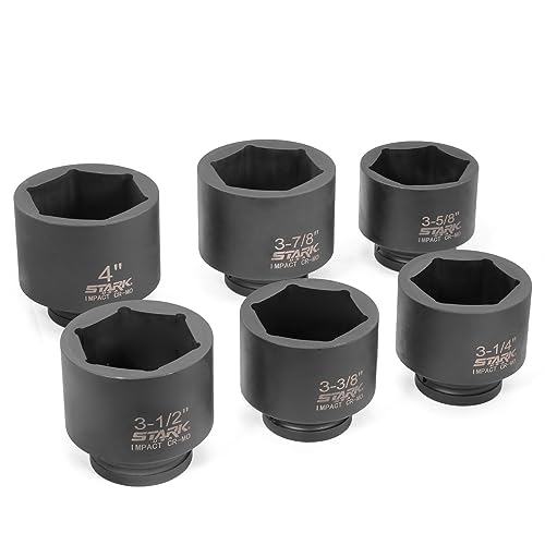Stark USA 6-Piece 1-Inch Drive Jumbo Shallow Impact Socket Set, SAE 6-Point Cr-Mo Steel Spindle Axle Nut Sockets, 3-1/4" to 4", Heavy Duty Set for Trucks, Trailers & Equipment Repair - style: 6pcs SAE Shallow Socket Set (3-1/4 inch to 4 inch)