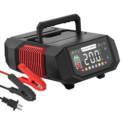 20A Battery Charger, 12V/24V Fully Automatic Trickle Charger, Red | Adjustable 1-20A Car Battery Charger, Battery Maintainer, Pulse Repair, for LiFePO4, Lead Acid, Deep Cycle Batterie