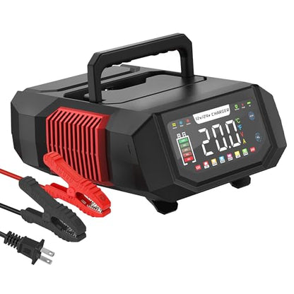 20A Battery Charger, 12V/24V Fully Automatic Trickle Charger, Red | Adjustable 1-20A Car Battery Charger, Battery Maintainer, Pulse Repair, for LiFePO4, Lead Acid, Deep Cycle Batterie
