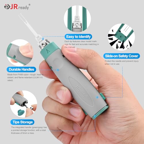 JRready 36PCS Pin Removal Tool 2 Nylon Handles for Electrical Connectors | Pin Extractor for Deutsch AMP Molex Delphi Harting BYD JPT, Handle Storage Function, Tip Protective Cover-JRconDRK11C38-01