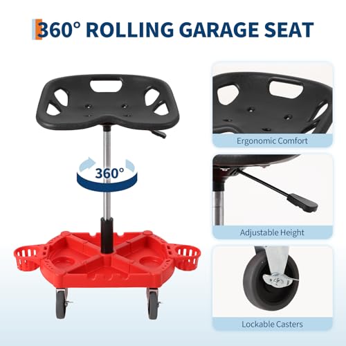 GarveeTech Rolling Mechanic Stool, 300 LBS Capacity, 19 in -25 in Height Adjustable Shop Stool with Tool Tray & 4 in 360° Lockable Swivel Wheels for Garage, Auto Repair, Workshop, ‌Heavy Duty, Red - size: Model 2