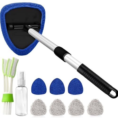 Windshield Cleaner Tool with 180° Rotating Head, Car Window Cleaner Tool with Extendable Handle and 4 Reusable Microfiber Pads, Car Windshield Cleaning Brush for Effortless and Efficient Cleaning
