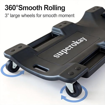 superokay Low Profile Mechanic Creeper, 40-Inch Rolling Car Creeper with Padded Headrest, 350 lbs Capacity Shop Creeper, 6 Swivel Casters & Dual Tool Trays, Heavy Duty Garage Creeper for Auto Repair