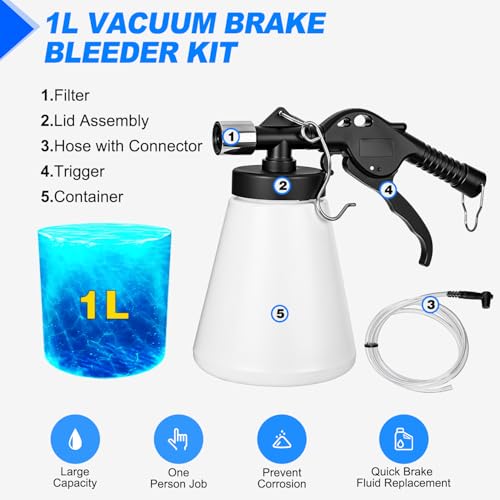 GOOACC Vacuum Brake Bleeder Kit 1L Pneumatic Brake Fluid Bleeder Bottle Fluid Extractor Pump with 4 Adapters Hanging Hook for One Person Brake System Bleeding Tools Brake Pressure Fluid Flush Kit - size: 1L Pneumatic